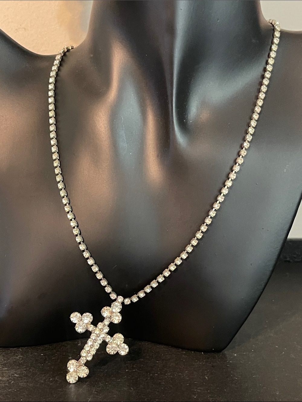 1950’s Soldered Glass Rhinestone Cross Statement Choker Necklace